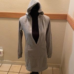 Women’s gray open front sweater dress with hood and pocket